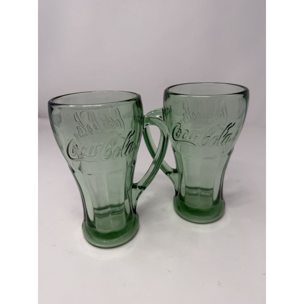 Vintage (Set of 2) Green Coca-Cola Glass with Handle Mugs Libbey‎ 16oz Heavy